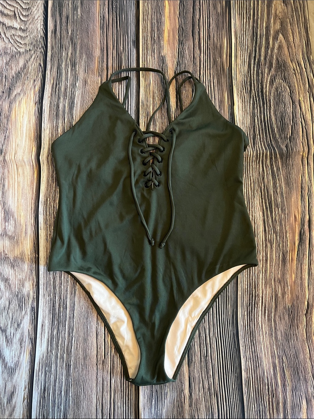 La Hearts Olive Green Lace‑Up One‑Piece Swimsuit